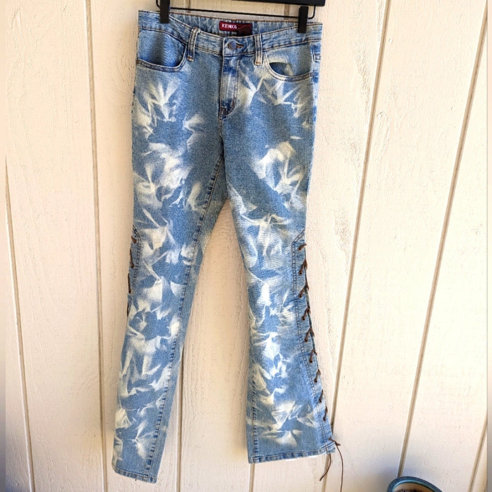 Kenko acid wash lace up cross cross flare jeans 29 y2k